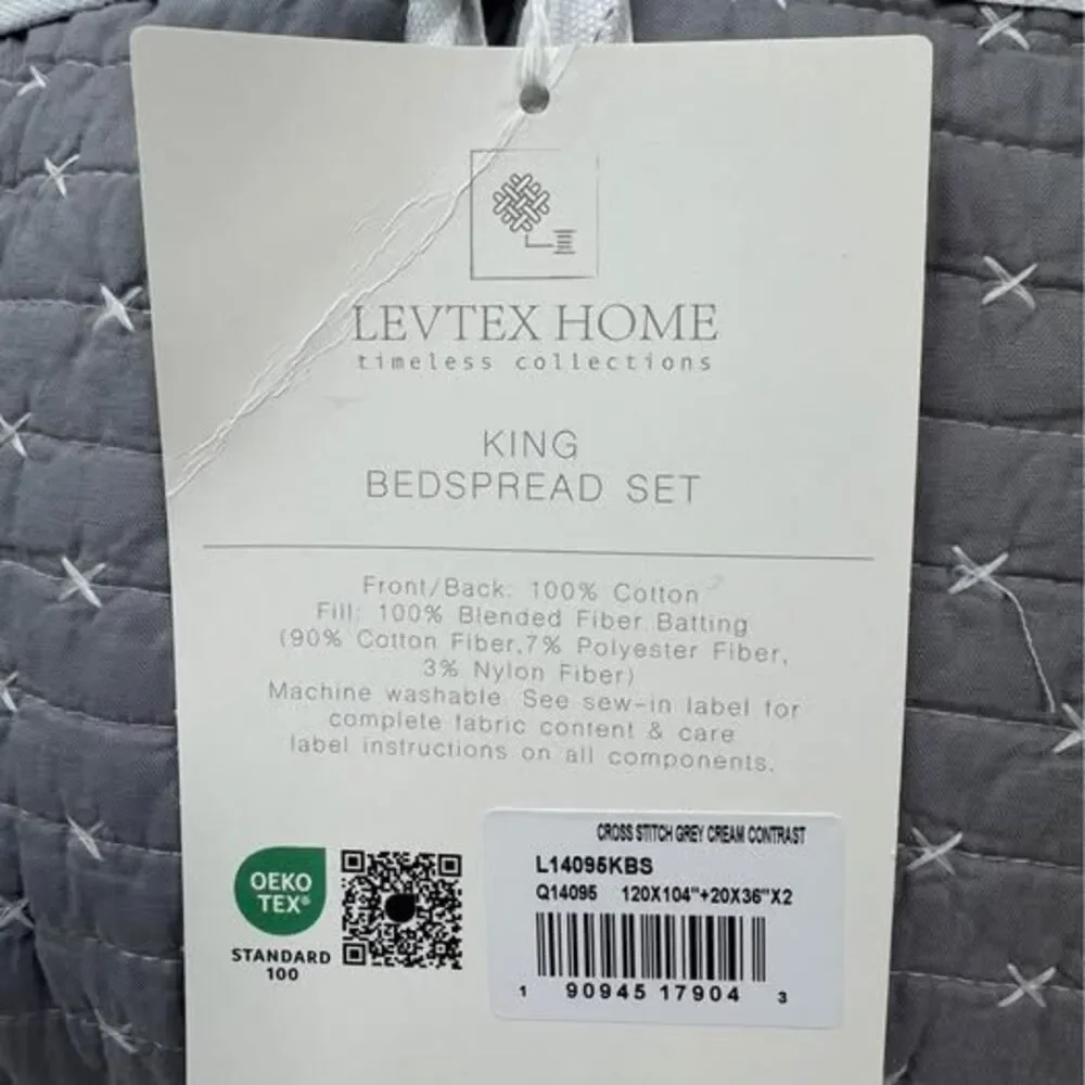 Levtex Home Cross Stitch Stitching 3-Pc. Bedspread Set, King, Grey